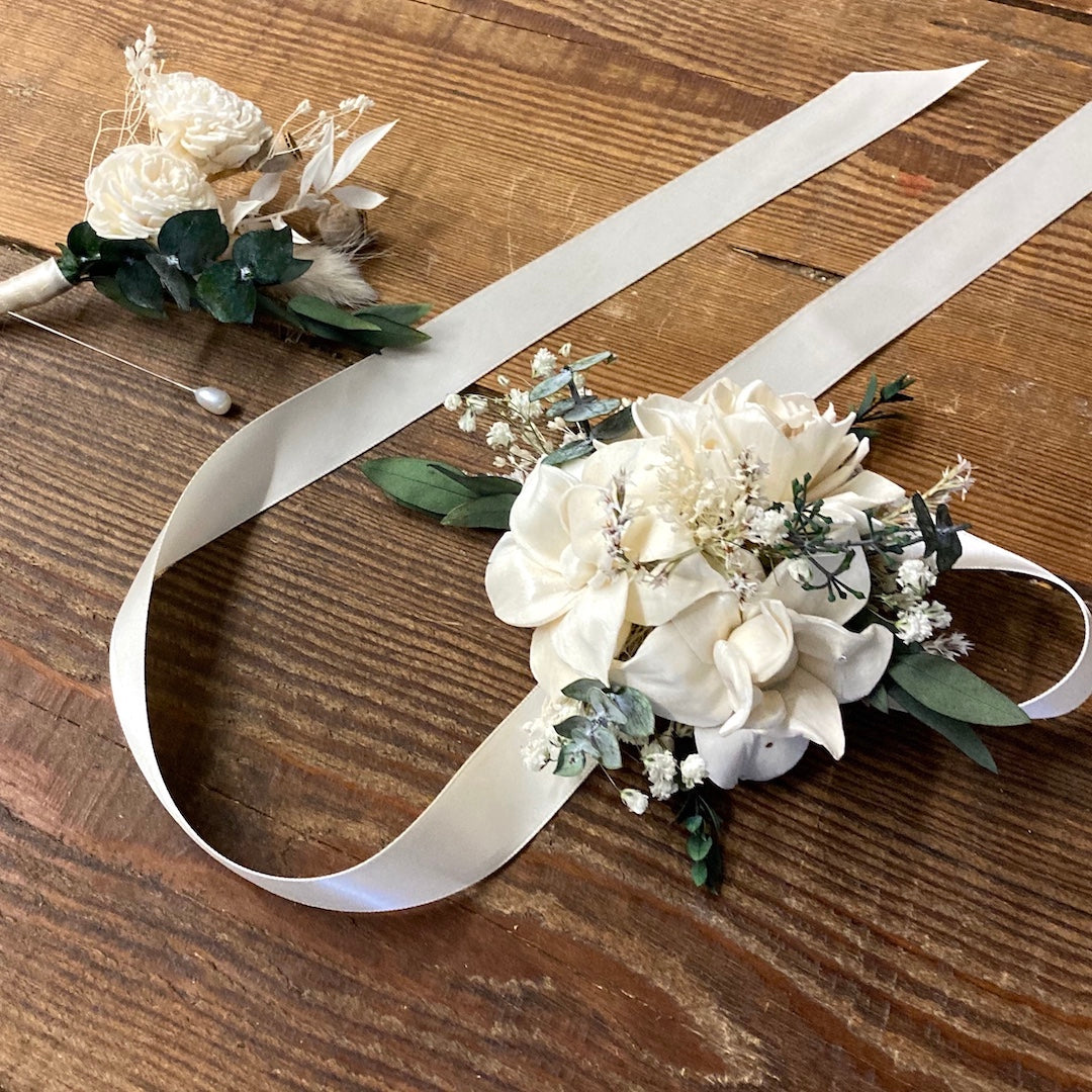 Ivory White & Green Corsage