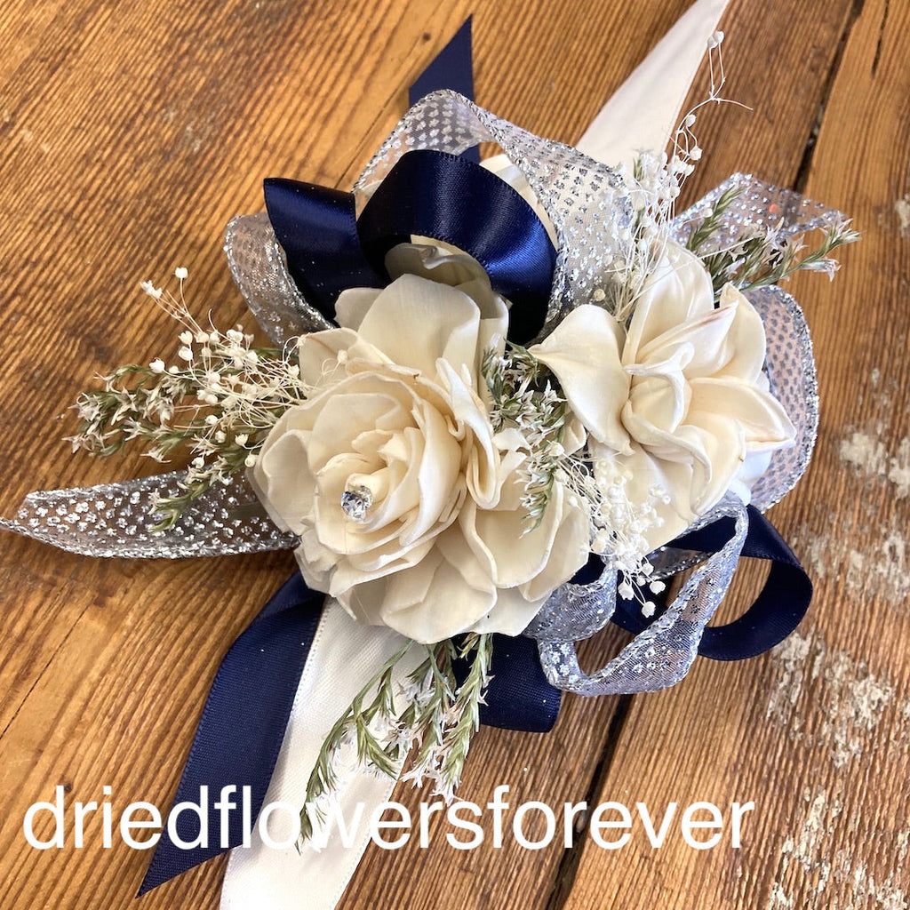 Navy Blue & Silver Prom Corsage